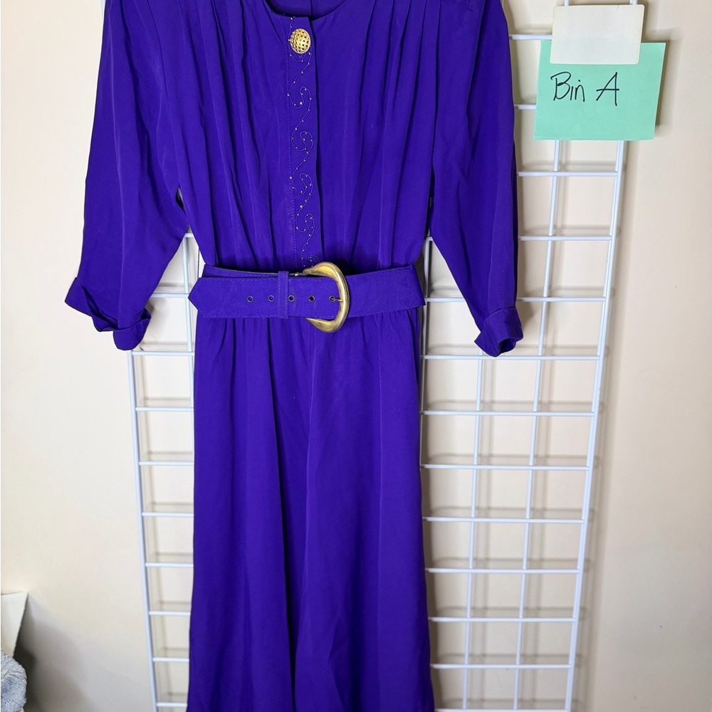 Vintage Dark Purple Women's Belted Midi Dress - Brand